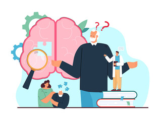 Sad grandfather losing memory isolated flat vector illustration. Cartoon elderly character with Alzheimer disease. Neurology, brain treatment and medical rehabilitation concept