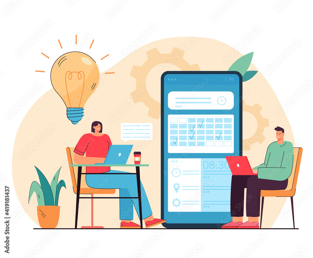 Poster tiny people chatting and choosing date in app flat vector illustration. cartoon character using onli