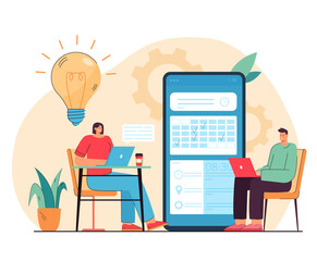 Tiny people chatting and choosing date in app flat vector illustration. Cartoon character using online calendar as dashboard. Appointment and booking application concept