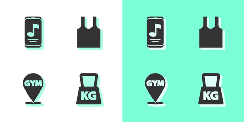 Set Weight, Music player, Location gym and Sleeveless T-shirt icon. Vector.