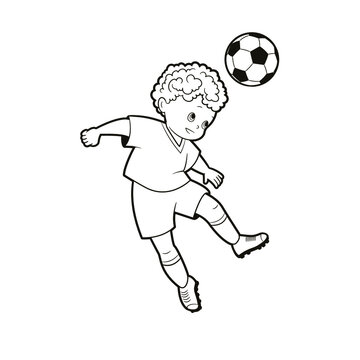 Black and white lines, a teenage football player hits a soccer ball with his head, vector illustration, coloring book in cartoon style