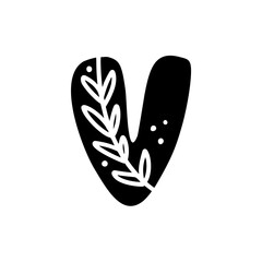 Vintage floral bold Letter V Logo spring. Classic V Summer Letter Design Vector with Black Color and Floral Hand Drawn with monoline pattern