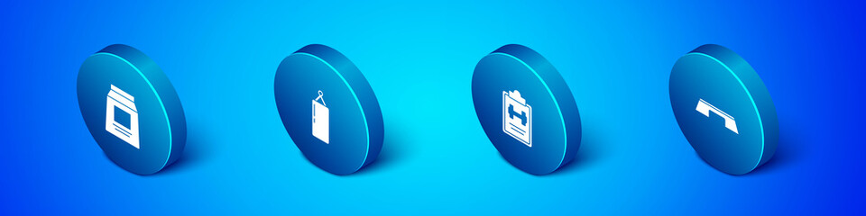 Set Isometric Sports nutrition, training program, Step platform and Punching bag icon. Vector.
