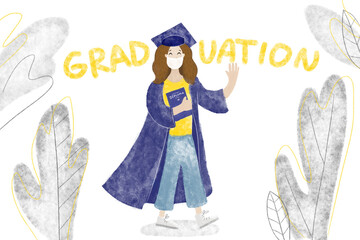 Hand drawn cartoon illustration with happy excited student wearing mask, holding with diploma, illustration on white background with  decorative elements