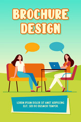 Two friends talking, sitting and using laptop. Speech bubble, chair, computer flat vector illustration. Friendship or communication concept for banner, website design or landing web page