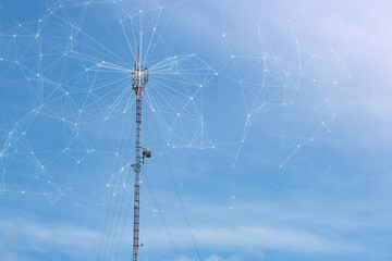 Telecommunication tower with mesh dots, glittering particles for wireless telecommunication technology