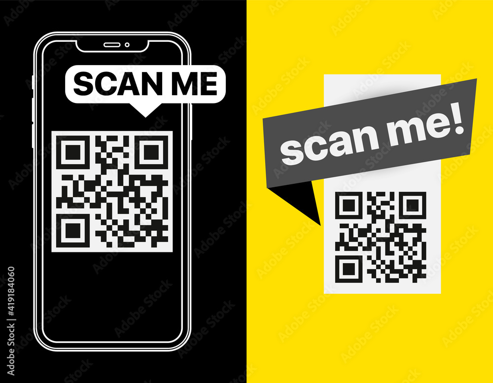 Poster Set of QR codes with inscription scan me with smartphone. Scan qr code icon. Qr code for payment, mobile app and identification. Vector illustration.