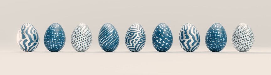 Blue and White Easter Eggs isolated on white background -Ultra Wide Panoramic - Seasonal spring decoration element