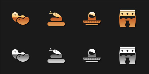 Set Beans, Snake, Mexican sombrero and Huehuetl icon. Vector.