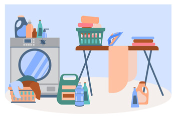 Bathroom with washing machine, washing accessories, dirty laundry in the basket, detergent, ironing board and iron. Home laundry concept.  Laundry mess. Vector illustration in a flat style.