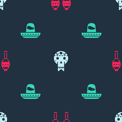 Set Maracas, Mexican skull and sombrero on seamless pattern. Vector.