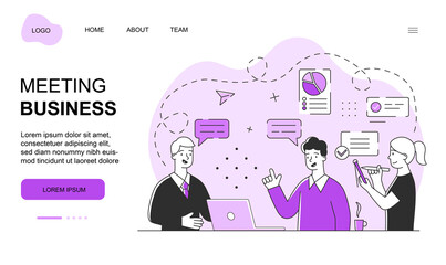 Corporate video call, distant discussion concept. Business videoconference with colleagues. Flat abstract cartoon outline vector illustration isolated on white background. website, web page, template.