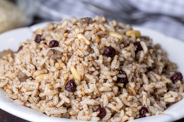 Traditional delicious Turkish food; rice pilaf with pine nuts and currants (Turkish name; ic pilav or pilaf)