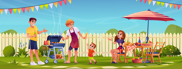 Bbq people party on garden backyard, happy family cooking food outdoors in garden with fence. Vector mother father and children grilling meat, picnic outdoors. Barbeque table, umbrella and flags