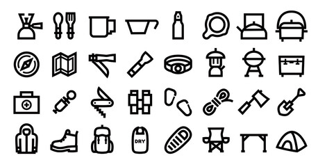 Fototapeta premium Camping and Outdoor Gear Icon Set (Bold outline version)