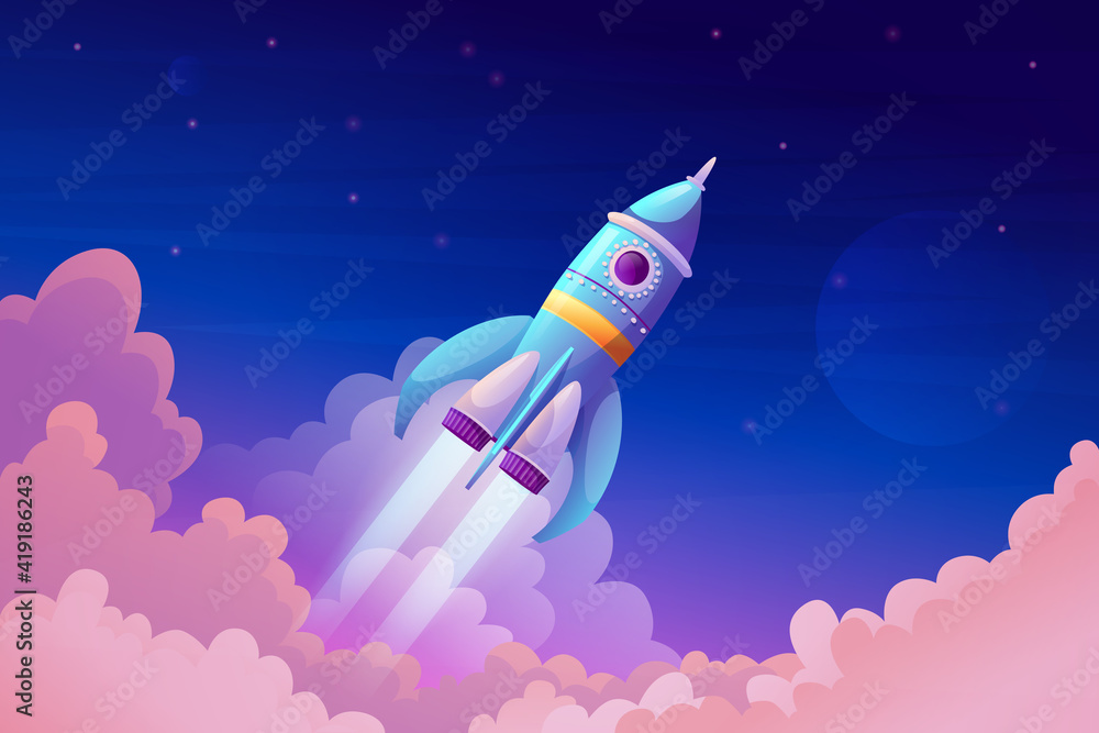 Aufkleber space ship launch, rocket with fire trace and smoke in blue sky atmosphere. vector takeoff of rocket