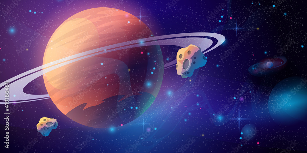 Poster space galaxy background with saturn planet and asteroids, cartoon universe texture. vector starry fu
