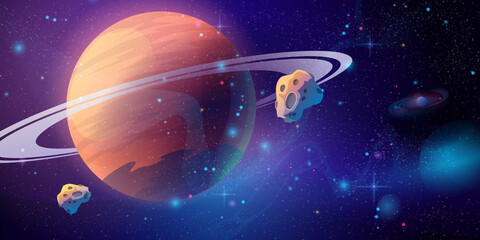 Space galaxy background with saturn planet and asteroids, cartoon universe texture. Vector starry futuristic surface with purple nebula, cosmos dust scenery. Deep purple sky with stars and planets © Sensvector