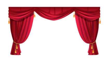 Velvet red curtain isolated stage decor. Vector theatre, cinema scene decoration, luxury cornice decor, domestic interior drapery textile labrecque. Scarlet silk cloth with golden lambrequin