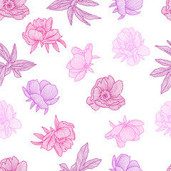 Seamless pattern with linear peonies.