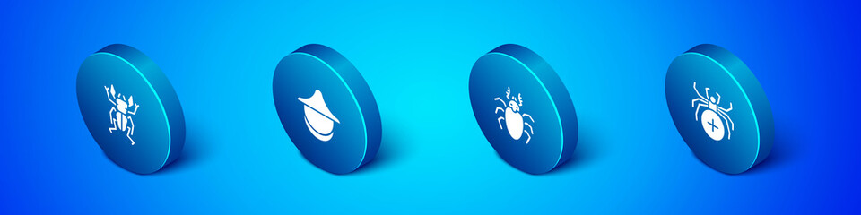 Set Isometric Beetle deer, , Spider and Beekeeper hat icon. Vector.