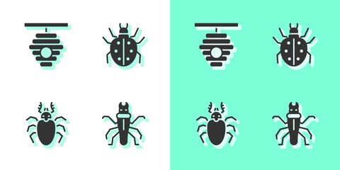 Set Termite, Hive for bees, Beetle deer and Mite icon. Vector.