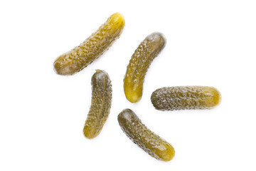 Delicious marinated pickled cucumbers, isolated on white background