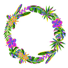 Fototapeta na wymiar Decorative element with tropical flowers and palm leaves.