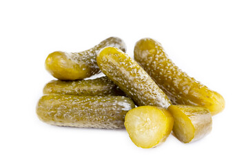 Delicious marinated pickled cucumbers, isolated on white background