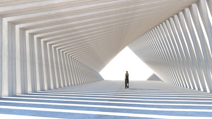 Femme qui marche dans un tunnel architectural vers la lumière. Rendu 3D. La femme est un objet 3D.
