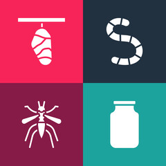 Set pop art Glass jar, Mosquito, Worm and Butterfly cocoon icon. Vector.