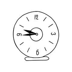 Vector outline illustration of a black round glass alarm clock is on a white wall background