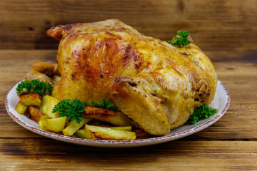 Baked whole chicken with potato on a wooden table