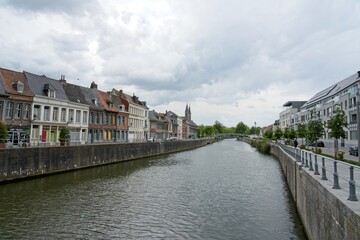 Obraz premium Tournai Belgium - 3 August 2020 - River Scheldt in downtown Tournai (Doornik) in Belgium