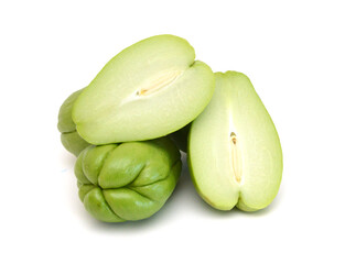 Chayote also known as chow chow and many other names isolated on white.