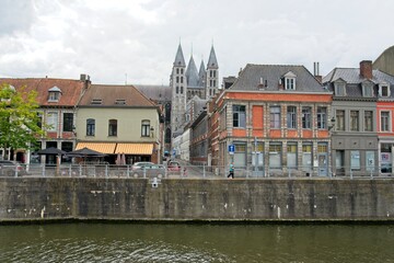 Fototapeta na wymiar Tournai Belgium - 3 August 2020 - River Scheldt in downtown Tournai (Doornik) in Belgium