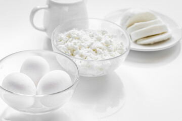 Fresh dairy products on white desk background