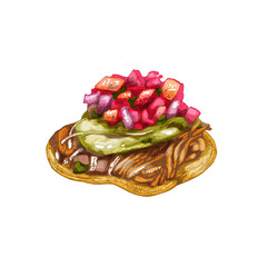 Tostadas with lettuce and salad. Mexican traditional food. Vector vintage hatching color illustration.
