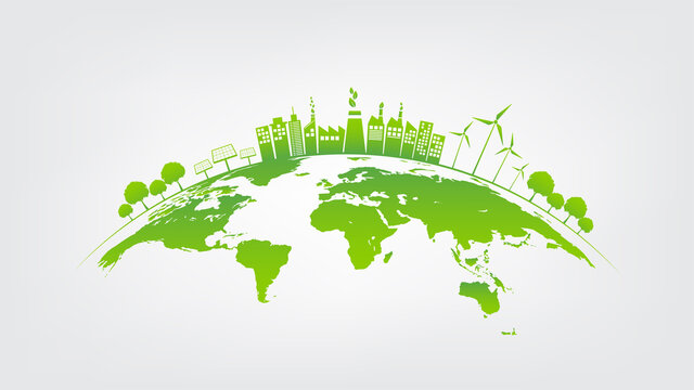 Ecology concept with green city on earth, World environment and sustainable development concept, vector illustration