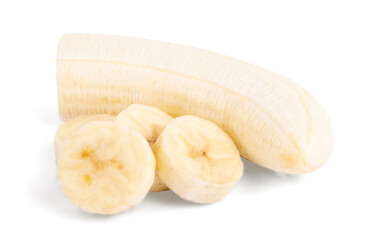 Ripe banana slices isolated on white background