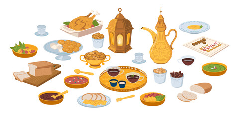Iftar, ramadan banner with food and drinks eating isolated set, flat cartoon. Vector ftoor muslims evening meal at sunset. Eid mubarak, Ramazan Kareem meal, bread, fruits and vegetables, holy lamp