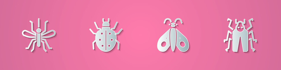 Set paper cut Mosquito, Mite, Butterfly and Beetle bug icon. Paper art style. Vector.