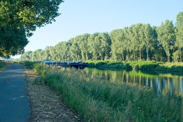 Bleharies Belgium - 7 August 2020 -Boat on Scheldt (Schelde) river