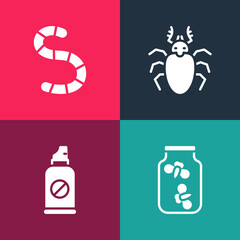 Set pop art Fireflies bugs in a jar, Spray against insects, Beetle deer and Worm icon. Vector.