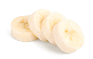 Ripe banana slices isolated on white background