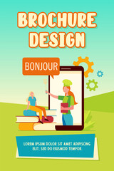 Young woman learning French cuisine online. Stack of books, digital device, chef on screen. Flat vector illustration. Online course, cooking concept for banner, website design or landing web page