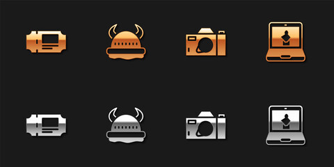 Set Museum ticket, Viking in horned helmet, Photo camera and Online museum icon. Vector.