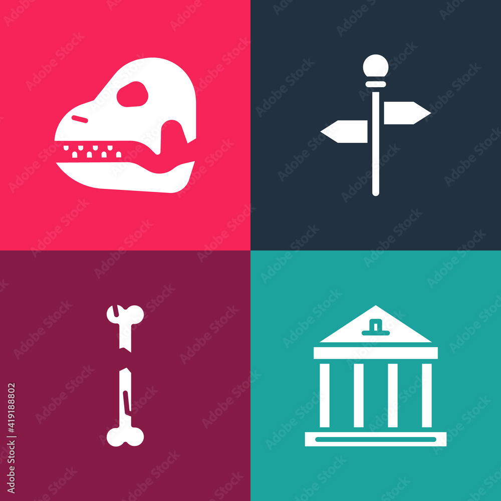 Sticker Set pop art Museum building, Human broken bone, Road traffic signpost and Dinosaur skull icon. Vector.