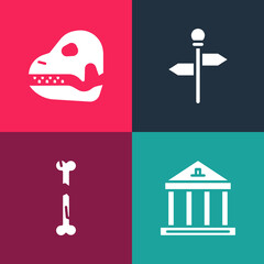 Set pop art Museum building, Human broken bone, Road traffic signpost and Dinosaur skull icon. Vector.