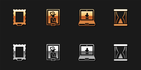 Set Picture, Portrait in museum, Online and Old hourglass with sand icon. Vector.